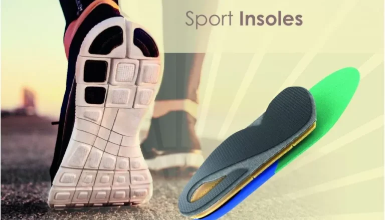 A close-up of a runner's shoe sole on a pavement, showcasing the intricate tread patterns. Next to it is a colorful sport insole with layers in green, blue, and grey, positioned to highlight its structure. The text "Sport Insoles" is displayed prominently in the background.