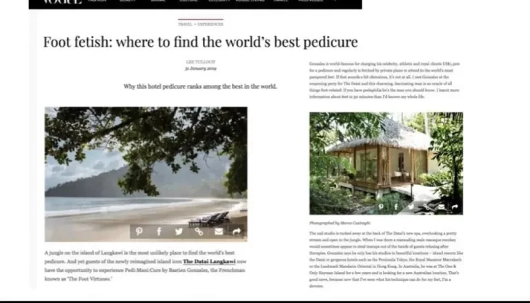 A magazine article titled "Foot fetish: where to find the world's best pedicure" features images of a serene beach with lounge chairs and a tropical resort hut surrounded by lush greenery. The text describes a luxury spa experience offering top pedicure services in The Datai Langkawi.