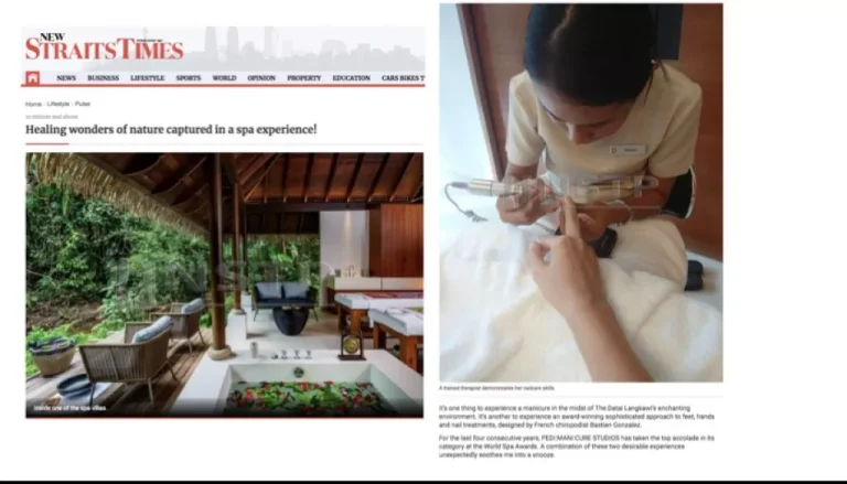 A spa article from New Straits Times. The left side shows a serene spa room with a flower-filled bathtub and comfortable seating. The right side has a woman in a uniform performing a facial treatment on a guest, surrounded by spa equipment.