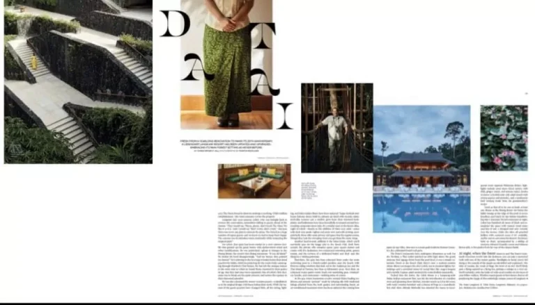 A magazine spread featuring articles and images. The left page shows a staircase amidst lush greenery. The right page includes a person in green attire, a close-up of a restaurant interior, an image of a man in a construction site, a building by a pool, and a butterfly on flowers.