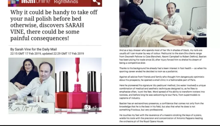 A screenshot of an article with the heading, "Why it could be handy to take off your nail polish before bed otherwise, discovers SARAH VINE, there could be some painful consequences!" The article features images of a man with bottles of nail polish.