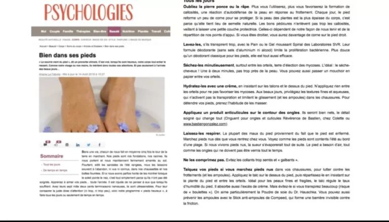 A magazine article titled "Bien dans ses pieds" features an image of feet soaking in a bath with stones and flowers. The text provides tips for foot care, including exfoliation, moisturizing, nail care, proper footwear, and more.