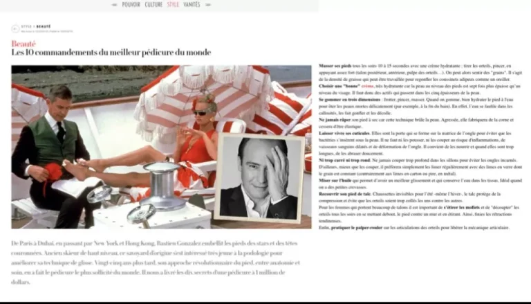 A magazine layout featuring an article titled "Les 10 commandements du meilleur pédicure du monde." The article includes an image of a man in a suit and a woman in sunglasses lounging on a boat with striped umbrellas. There's also a black-and-white portrait of a smiling man.