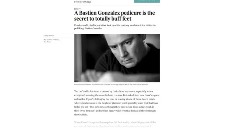 A black and white image of a man concentrating, with a text article beside him titled "A Bastien Gonzalez pedicure is the secret to totally buff feet." The article describes how to achieve well-looked-after feet, mentioning that people notice others' shoes.