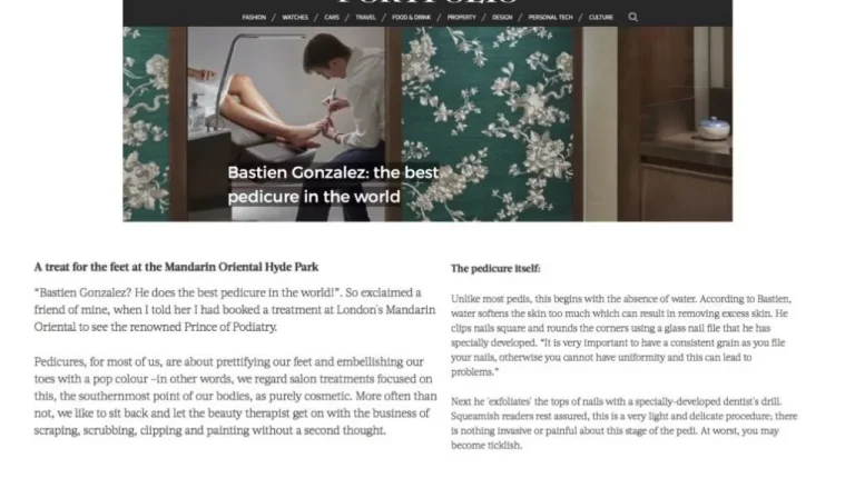 A screenshot of an article with the headline "Bastien Gonzalez: the best pedicure in the world". The article describes a pedicure treatment at the Mandarin Oriental Hyde Park. There are images: one of a person receiving a pedicure, a decorated wall, and neatly arranged spa products.