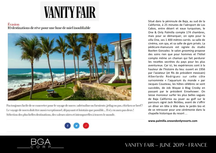 Une page de magazine présentant l'édition française de Vanity Fair. La page comprend du texte sur une destination de voyage à Baja, en Californie, en mettant l'accent sur les hébergements et les activités de luxe. En bas, il y a une bande noire avec un logo pour « BGA Corp » et le texte « Vanity Fair – Juin 2019 – France.