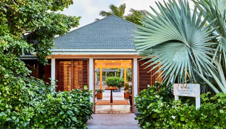 A charming single-story building with a grey roof is framed by lush green foliage and tropical plants. Wooden slats cover the windows, and a sign reading "SERENITY" is visible on the right. Palm trees and a clear sky enhance the serene atmosphere.