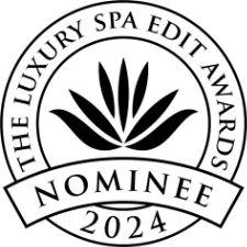 Black and white logo that reads "The Luxury Spa Edit Awards" encircling a stylized leaf design. The word "Nominee" is prominent below the design, with "2024" at the bottom.