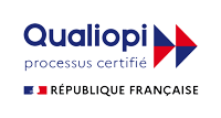 Logo showing the Qualiopi certification mark with French text that reads "Qualiopi processus certifié," accompanied by a tricolor arrow design in blue, white, and red. Below it is the logo of the French Republic with the words "République Française.