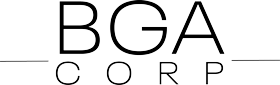 Logo avec texte noir stylisé « BGA » au-dessus et « CORP ». ci-dessous, avec de fines lignes noires s'étendant horizontalement de chaque côté de « CORP. ». Le design est minimaliste avec une police épurée et moderne.